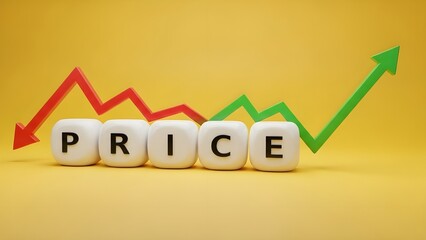 Price fluctuation illustrated by letter cubes and opposing trend arrows on a yellow background