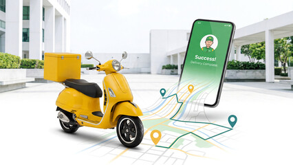 Modern Delivery App Concept Scooter with Phone Map Route Display for Service Completion