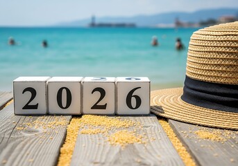 2026 New Year Celebration Wooden Block Numbers on Tropical Beach Pier with Straw Sun Hat, Turquoise Ocean Waves and Summer Vacation Holiday Background