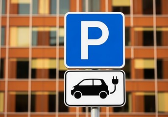 Blue Electric Vehicle Charging Parking Sign with Plug Icon on Urban Street Pole in Modern Smart City Environment