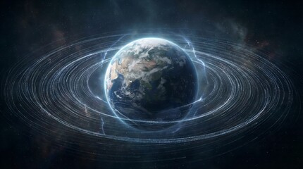 Detailed view of planet Earth with glowing energy rings and nebula background