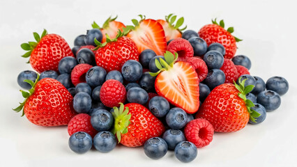 Obraz premium Fresh mixed berries including strawberries, blueberries, and raspberries isolated on white background.