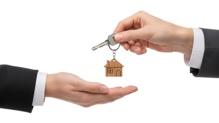 Hand passing house key with wooden house keychain to open palm home