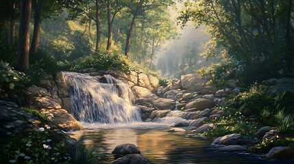 Obraz premium Tranquil waterfall scene lush forest and flowing water landscape