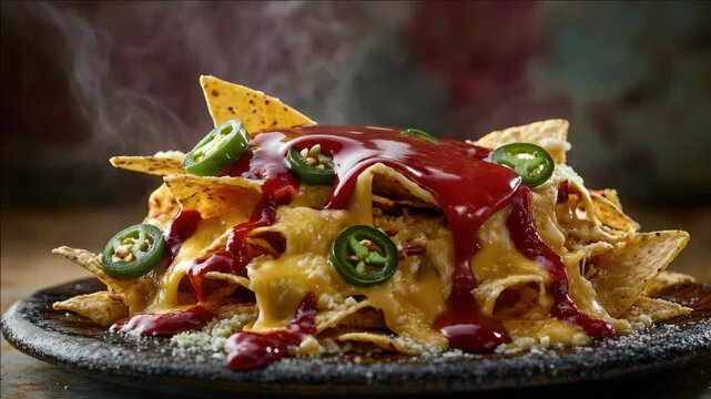 A mouthwatering dish of nacho chips smothered in melted cheese and drizzled with red salsa. Perfect for parties or a satisfying meal at home.