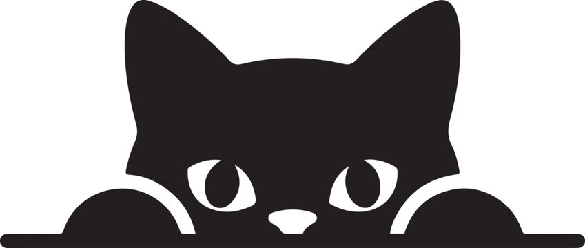 A charming black cat playfully peeking over a hidden surface with wide, curious eyes isolated on white background