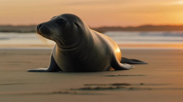 Seal on beach at sunset, Gentle Seal Resting on a Golden Beach as the Sun Sets Over the Calm.