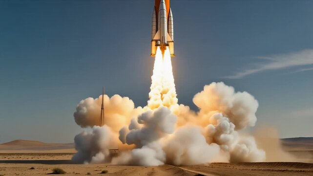 Rocket launch in desert, A rocket launches into the sky from a desert landscape, 
