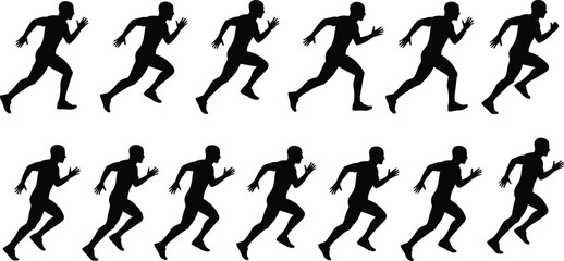 Running motion silhouettes, human stride cycle, athletic biomechanics, sports movement breakdown, black vector sequence set - flat vector illustration