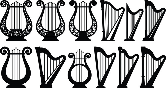 Ancient lyre and harp silhouettes, classical string instruments, ornate and modern designs, music icons, black vector set - flat vector illustration