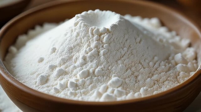 A bowl of white flour with a mound showing the fine, Bowl of White Flour with a Fine, 