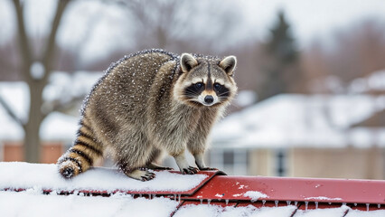 Raccoon on snowy roof is visible on red shingles, covered with fresh white snow and icicles. Wild raccoon on snowy roof observes urban winter surroundings cautiously.