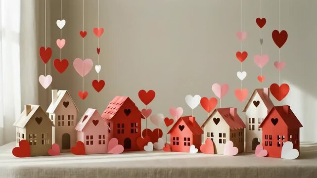Miniature Paper Houses with Floating Hearts Diorama for Valentines Day 4K