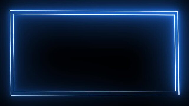 Neon double lined rectangle frame animation . Blue neon rectangle frame on black background