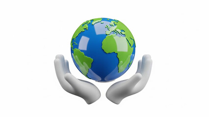 Hands holding a 3D globe, symbolizing global unity and environmental care from a straightforward viewpoint