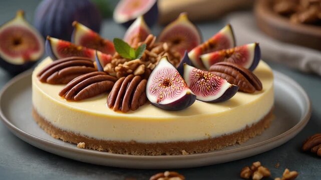 Cheesecake featuring figs pecan nuts, Cheesecake topped with fresh figs and crunchy pecan 