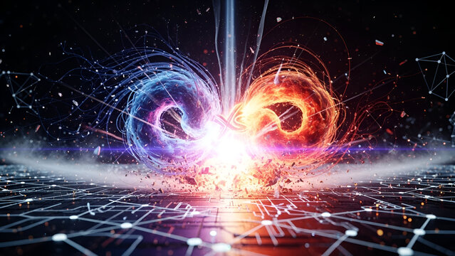 Conceptual visualization of data collision merging in digital space for innovation and tech progress
