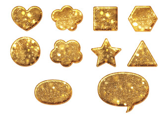 ハート　四角　三角　六角形　丸　星　雲　楕円　吹き出し　の立体的な金色のキラキラ