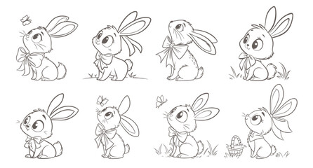 Fototapeta premium Set of cute rabbits. Adorable line art collection of bunnies for coloring. Hand drawn illustration.