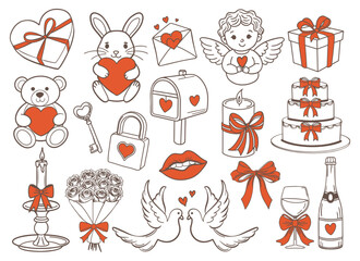 Fototapeta premium Sweet Valentines Day line art icons set. Romantic collection of hand drawn love and Valentines Day elements.