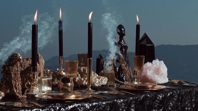 Table setting with candles and decorative objects at sunset on a mountain