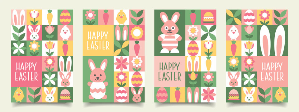 Set of cute Easter posters with bunnies, eggs, flowers in square shapes. Colorful geometric cards.
