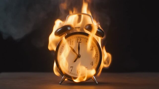 Alarm clock engulfed in flames symbolizes urgent deadlines, time pressure, or impending sale.