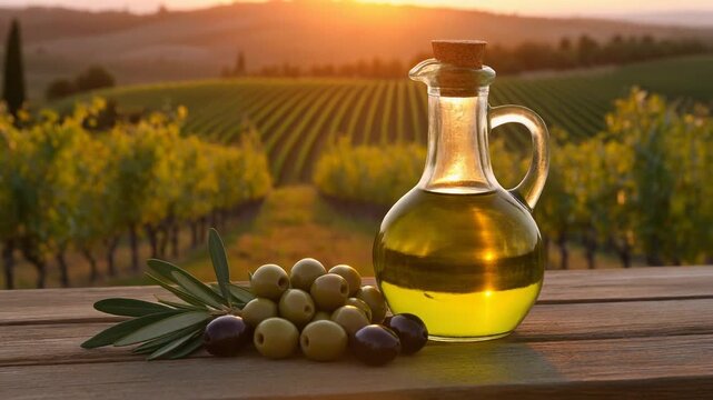 Golden olive oil bottle rests near fresh olives on wooden table. Tuscan vineyard rows stretc.