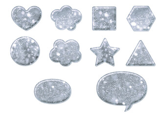 ハート　四角　三角　六角形　丸　星　雲　楕円　吹き出し　の立体的な銀色のキラキラ