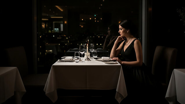 A woman in a black dress sits alone at an elegant restaurant table at night, looking out at the city lights.