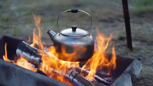 Metal kettle boils water over campfire flame. Log burns brightly, cooking outdoors 