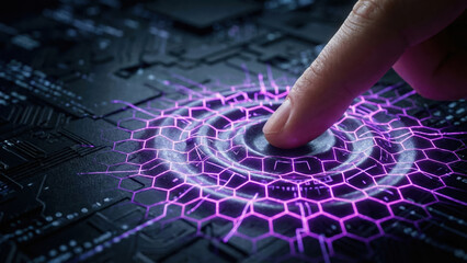 Quantum security concept with finger touching glowing lattice grid on circuit board showing advanced structures and geometry design