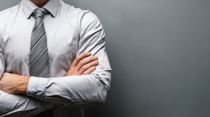 A confident businessman with crossed arms in a formal shirt and tie, standing against a gray background.