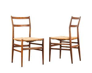 Two ash wood chairs with natural rope seats, 1950s. Isolated on a white background.