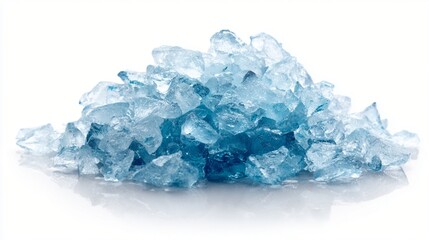Translucent blue-white crushed ice cubes piled together, creating a crystalline texture with angular shapes and varying shades of icy blue
