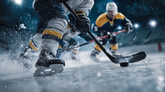 Capturing the intense action of a hockey game, this dynamic image showcases players in motion, skating fiercely on ice, highlighting the thrilling nature of sports and competition.