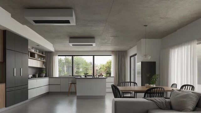 Modern open plan living area with concrete ceiling and integrated cassette air conditioner. .