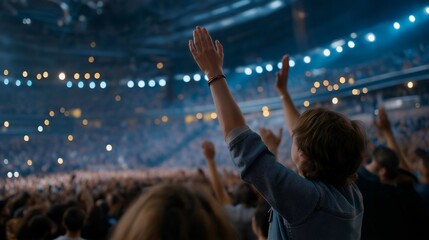 A massive crowd at rock concert fills the venue, hands raised and voices shouting, capturing live music energy, loud sound, stage lights, and shared passion for rock performance. cinematic color