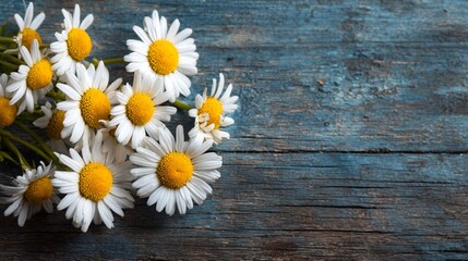 Fototapeta premium Delicate white daisies with vibrant yellow centers beautifully arranged on rustic weathered blue wooden background, creating a charming summer botanical composition