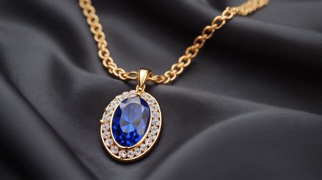 Oval cut blue sapphire gemstone pendant necklace with diamonds set in gold on silk fabric.