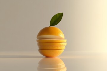 Sliced orange rests on a reflective surface, with a vibrant green leaf perched atop, showcasing a striking contrast of colors and textures