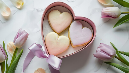 Pink heart-shaped box contains three pastel cookies surrounded by fresh tulips in a delightful indoor arrangement