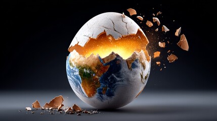 Surreal ultra-realistic image of an egg resembling planet Earth, cracked open with fragments flying outward, revealing continents and oceans, illuminated by dramatic lighting with copy space