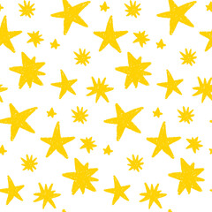 Fototapeta premium Hand drawn yellow star seamless vector pattern with rough chalk texture. Playful doodle background for kids graphics, education, packaging, web and creative design projects.