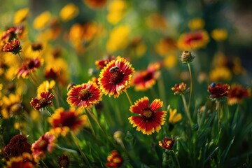 Close-up photograph of a vibrant cluster of red and yellow Indian Blanket flowers in warm sunlight