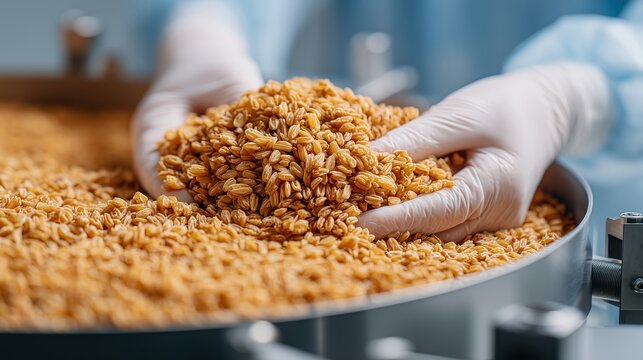 Hands-on Precision: A close-up view of a professional, clad in sterile gloves, handling a pile of grains, highlighting the precision and care of food processing.