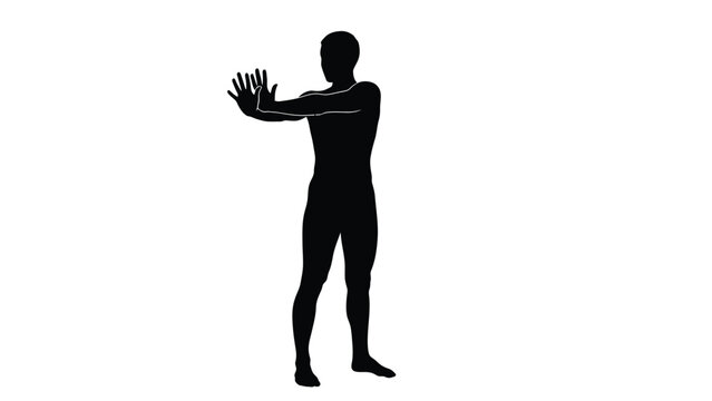 Silhouette of an athletic man performing a static chest and shoulder stretch exercise with arms extended forward against an invisible wall or surface for flexibility training routines