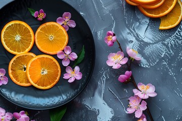 Fresh orange slices sit on a black plate alongside delicate pink flowers, creating a colorful and inviting dessert arrangement