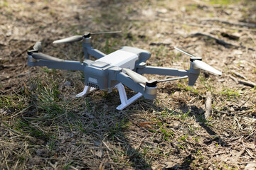 The drone is preparing for its flight. The process of preparing the drone for flight. The technology of aerial photography.