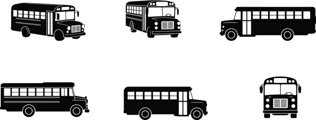 School bus silhouette set, vintage transportation icons, black and white vehicle collection, education transport concept, flat vector illustration © Amelia's orld
